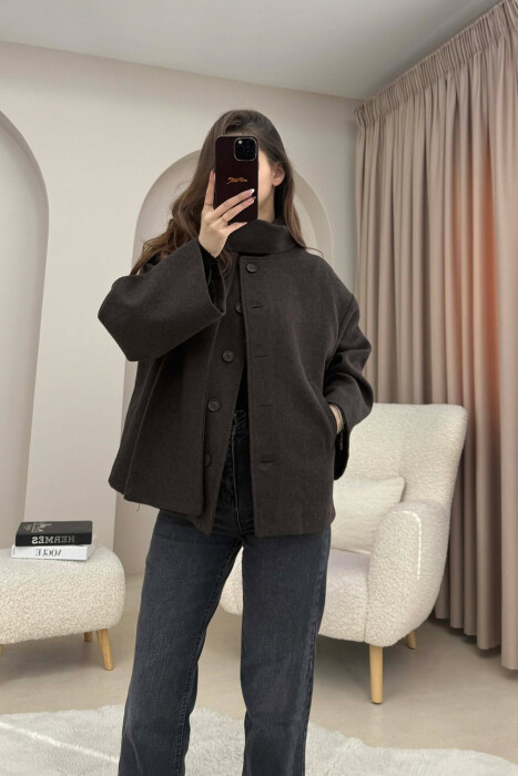 ONE COLOR SIMPLE BUTTONED WOMAN COAT WITH SCARF DARK BROWN/KAFE ERRET - 4