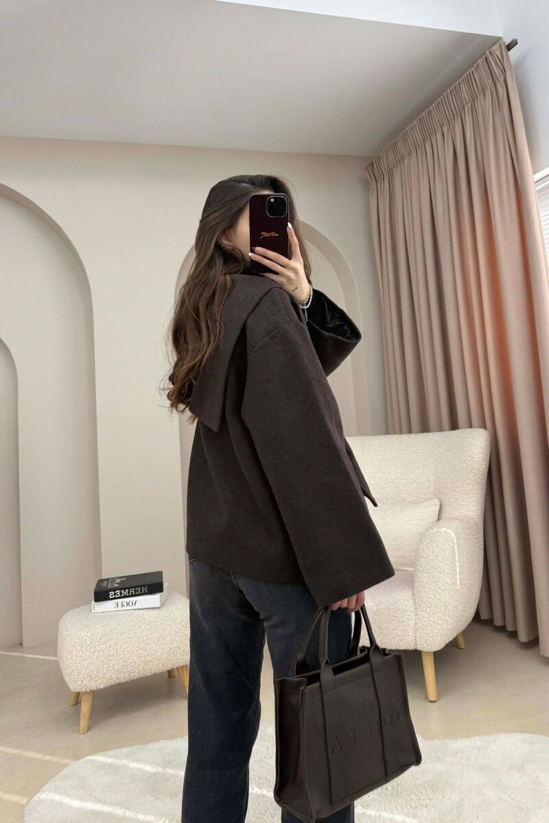 ONE COLOR SIMPLE BUTTONED WOMAN COAT WITH SCARF DARK BROWN/KAFE ERRET - 5