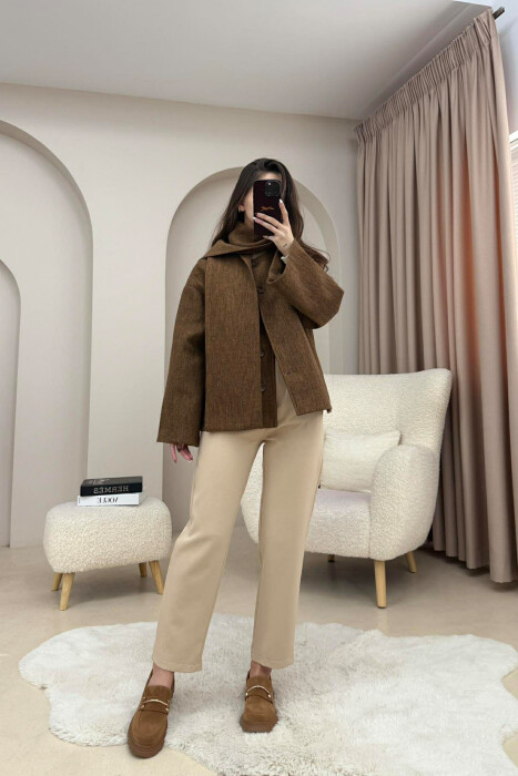 ONE COLOR SIMPLE BUTTONED WOMAN COAT WITH SCARF LIGHT BROWN/KAZB - 2