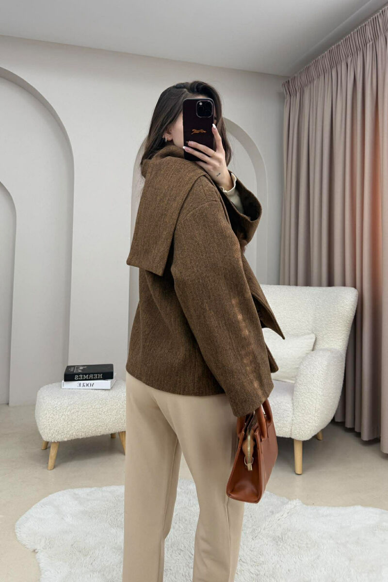 ONE COLOR SIMPLE BUTTONED WOMAN COAT WITH SCARF LIGHT BROWN/KAZB - 5