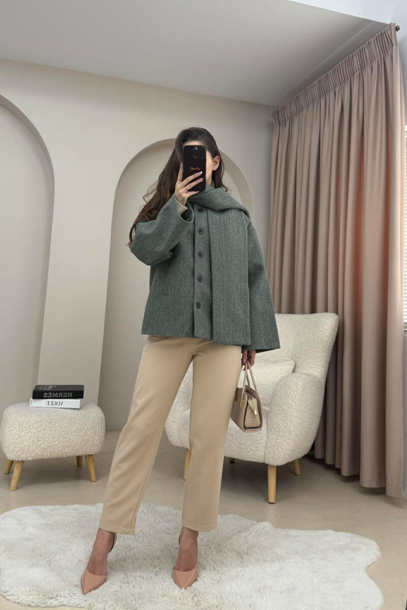 ONE COLOR SIMPLE BUTTONED WOMAN COAT WITH SCARF LIGHT GREEN/JEZB - 2