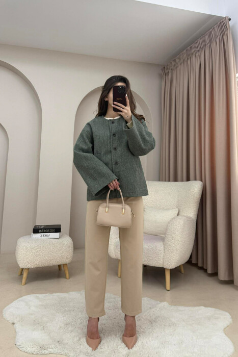 ONE COLOR SIMPLE BUTTONED WOMAN COAT WITH SCARF LIGHT GREEN/JEZB - 4