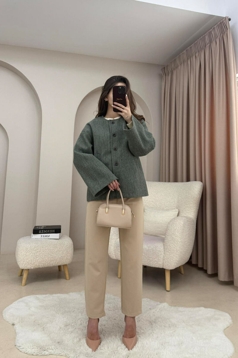 ONE COLOR SIMPLE BUTTONED WOMAN COAT WITH SCARF LIGHT GREEN/JEZB - 4