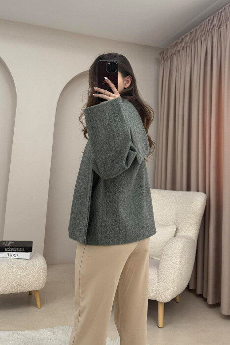 ONE COLOR SIMPLE BUTTONED WOMAN COAT WITH SCARF LIGHT GREEN/JEZB - 3