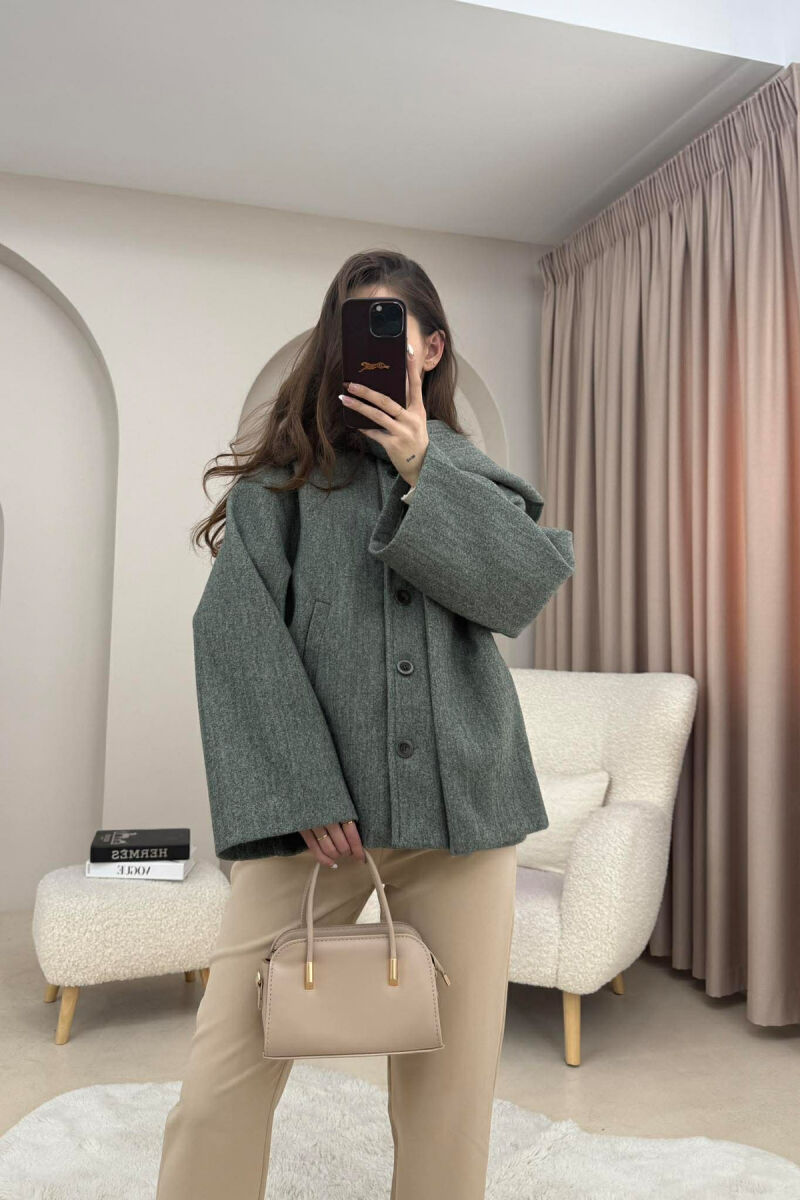 ONE COLOR SIMPLE BUTTONED WOMAN COAT WITH SCARF LIGHT GREEN/JEZB - 1