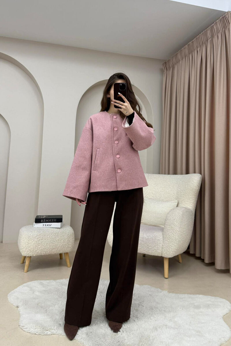 ONE COLOR SIMPLE BUTTONED WOMAN COAT WITH SCARF POWDER/PUDER - 4