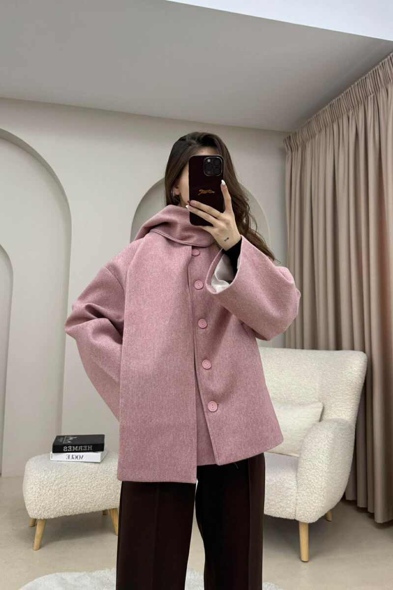 ONE COLOR SIMPLE BUTTONED WOMAN COAT WITH SCARF POWDER/PUDER - 3