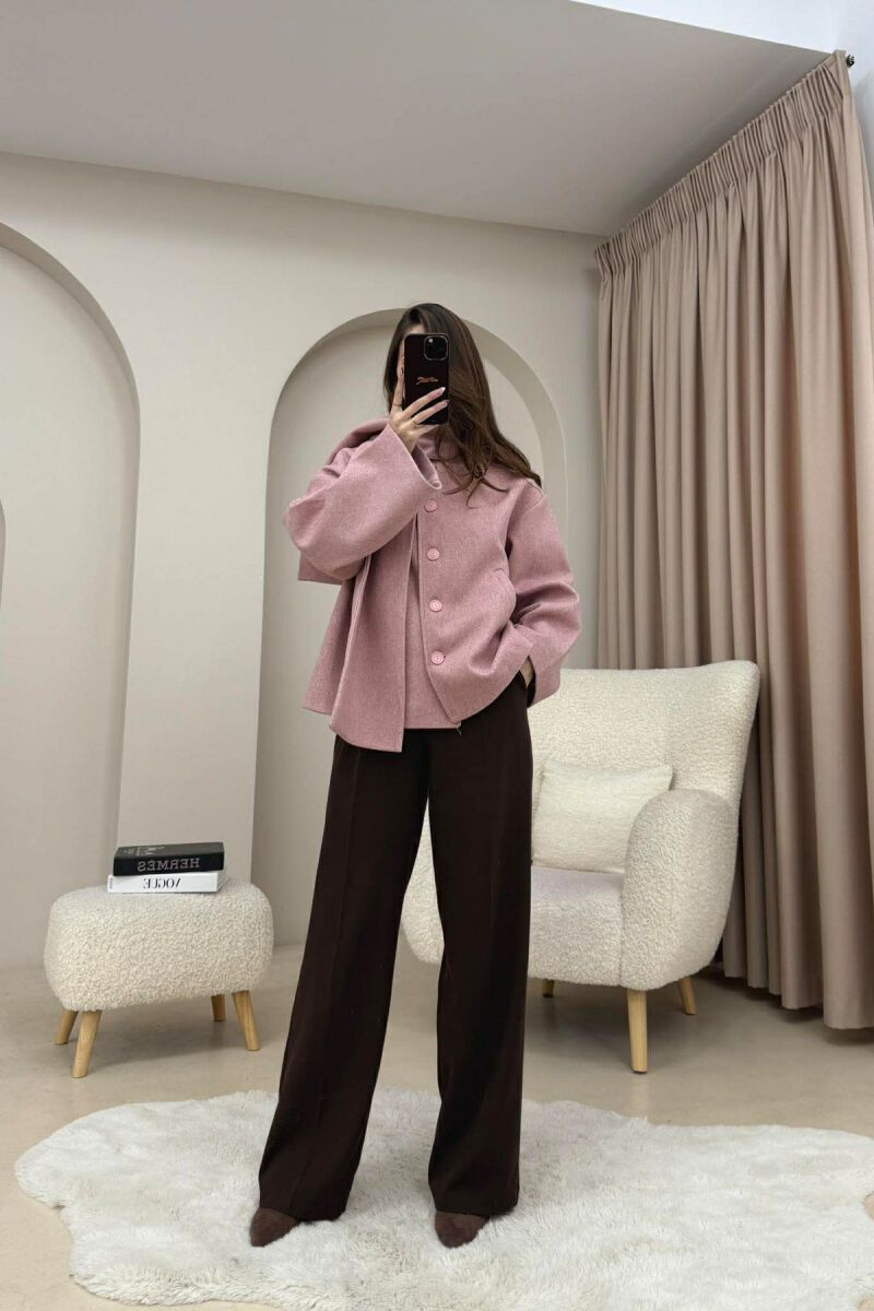 ONE COLOR SIMPLE BUTTONED WOMAN COAT WITH SCARF POWDER/PUDER - 6