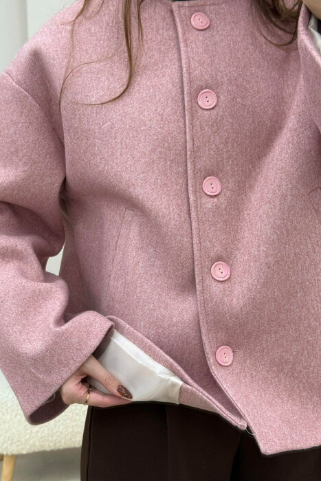 ONE COLOR SIMPLE BUTTONED WOMAN COAT WITH SCARF POWDER/PUDER - 5