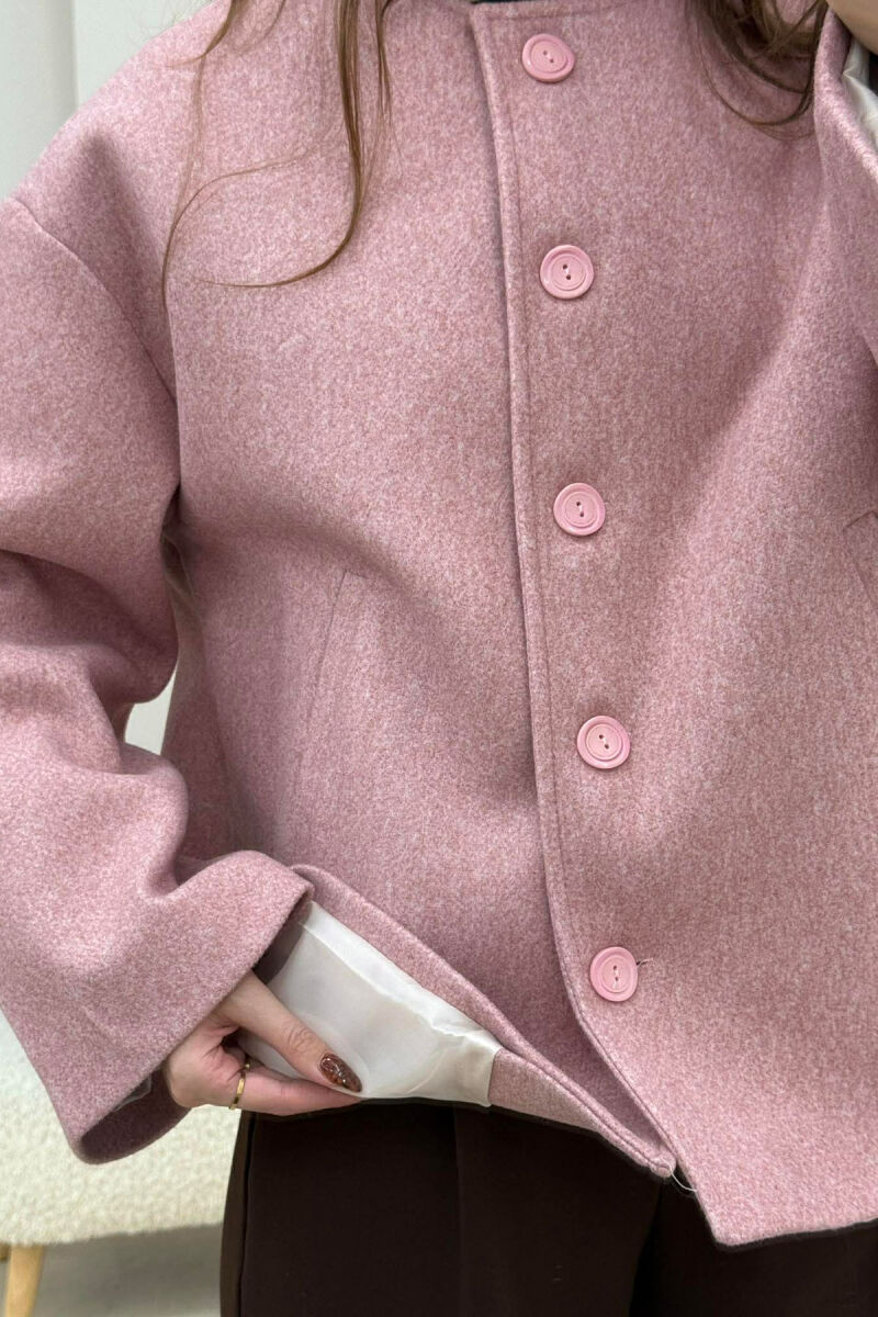 ONE COLOR SIMPLE BUTTONED WOMAN COAT WITH SCARF POWDER/PUDER - 5