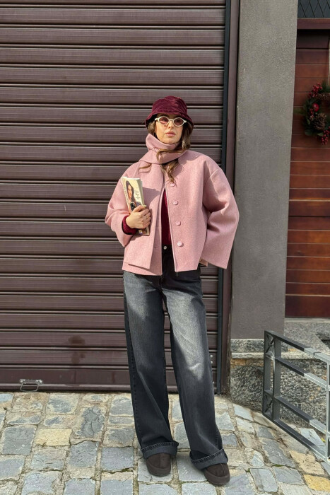 ONE COLOR SIMPLE BUTTONED WOMAN COAT WITH SCARF POWDER/PUDER - 1