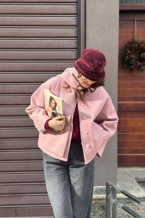 ONE COLOR SIMPLE BUTTONED WOMAN COAT WITH SCARF POWDER/PUDER - 2