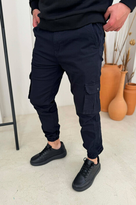 ONE COLOR SIMPLE CARGO MEN PANTS DARK BLUE/BEE - 2
