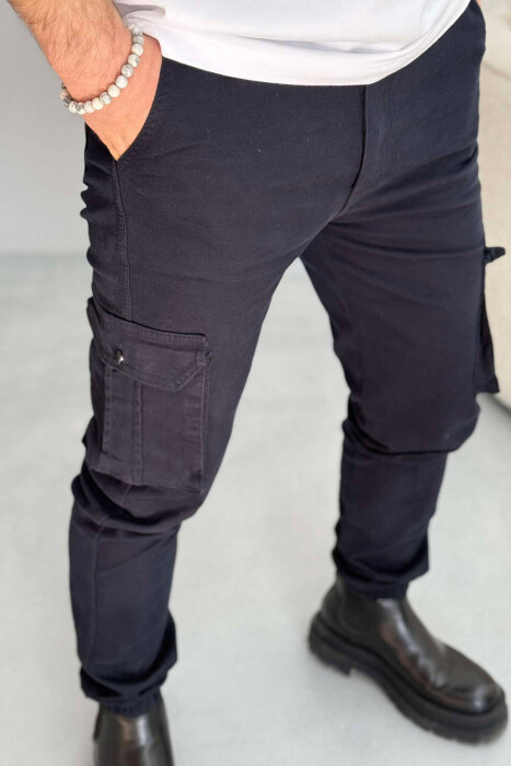 ONE COLOR SIMPLE CARGO MEN PANTS DARK BLUE/BEE - 3