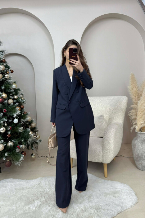 ONE COLOR SIMPLE CLASSIC JACKET+ TROUSERS WOMEN SET DARK BLUE/BEE - 1