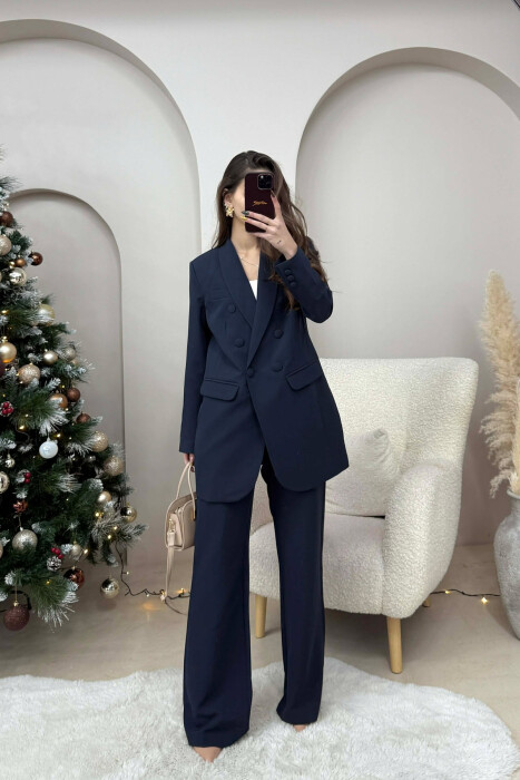 ONE COLOR SIMPLE CLASSIC JACKET+ TROUSERS WOMEN SET DARK BLUE/BEE - 2