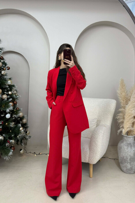 ONE COLOR SIMPLE CLASSIC JACKET+ TROUSERS WOMEN SET RED/E KUQE 