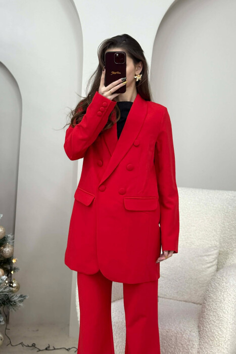 ONE COLOR SIMPLE CLASSIC JACKET+ TROUSERS WOMEN SET RED/E KUQE - 3