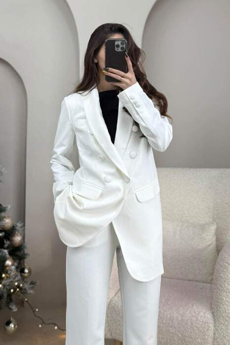 ONE COLOR SIMPLE CLASSIC JACKET+ TROUSERS WOMEN SET WHITE-E BARDHE - 4