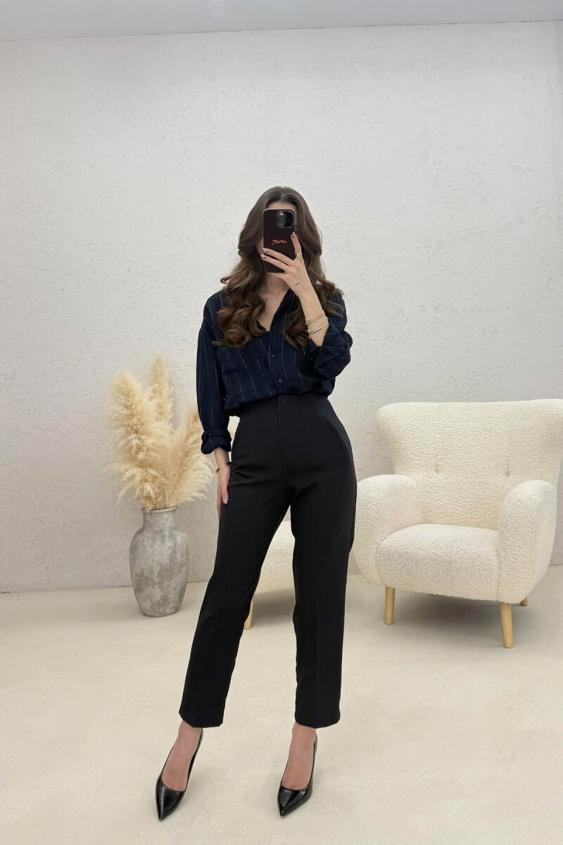 ONE COLOR SIMPLE CLASSIC WOMAN TROUSERS DARK BLUE/BEE - 4