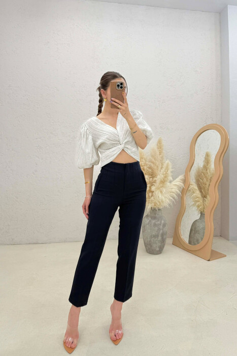 ONE COLOR SIMPLE CLASSIC WOMAN TROUSERS MIDNIGHT BLUE/BLU MESNATE - KLAUDIO FASHION