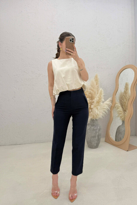 ONE COLOR SIMPLE CLASSIC WOMAN TROUSERS NAVY BLUE/BLU MARINE - KLAUDIO FASHION