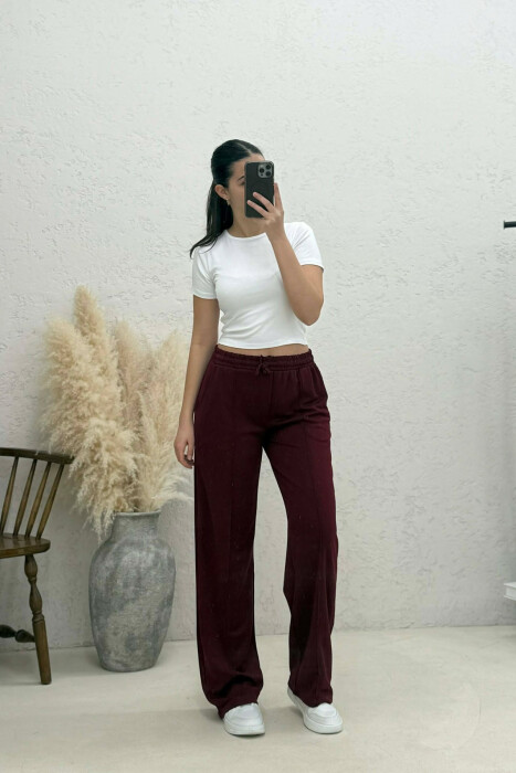 ONE COLOR SIMPLE ELASTIC WAIST WOMEN SWEATPANTS BURGUNDY/VISHNJE - 2