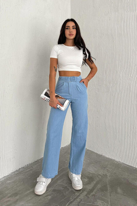 PANTALLONA NJË NGJYRËSHE ME BEL ELASTIK PËR FEMRA NË NGJYRË BABY BLU 