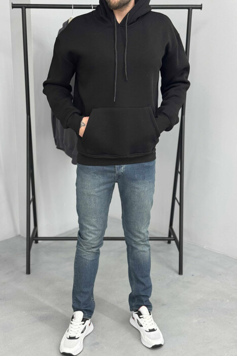 ONE COLOR SIMPLE FLUFFY MEN HOODIE BLACK/ E ZEZE - 1