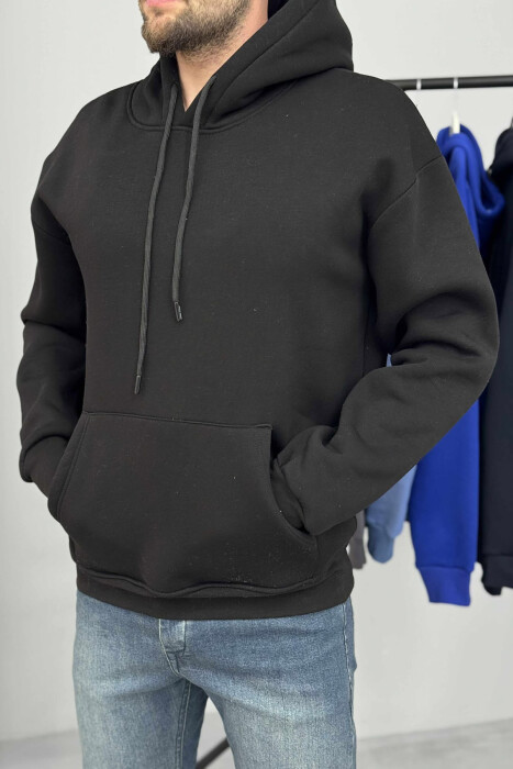 ONE COLOR SIMPLE FLUFFY MEN HOODIE BLACK/ E ZEZE - 2