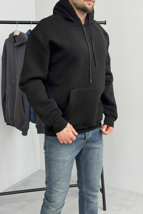 ONE COLOR SIMPLE FLUFFY MEN HOODIE BLACK/ E ZEZE - 5