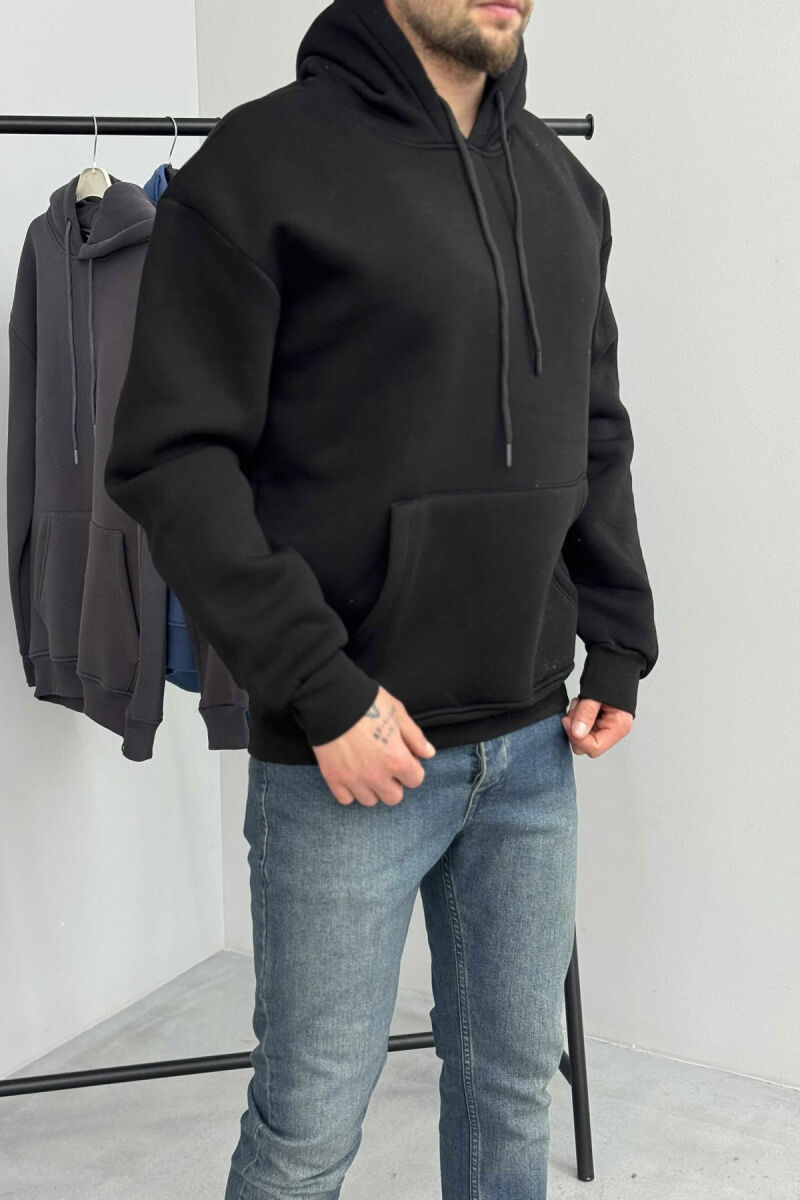 ONE COLOR SIMPLE FLUFFY MEN HOODIE BLACK/ E ZEZE - 5