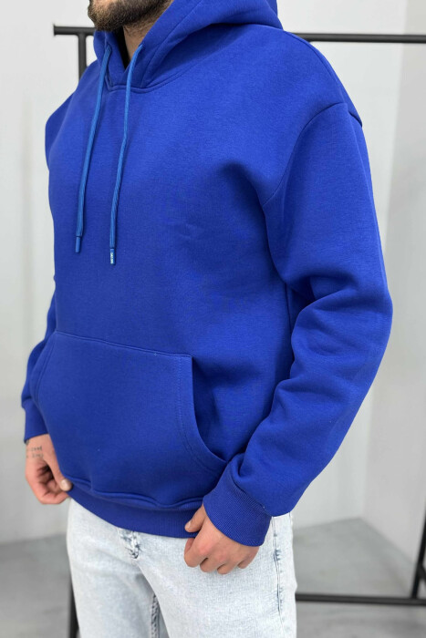 ONE COLOR SIMPLE FLUFFY MEN HOODIE BLUE/BLU - 3
