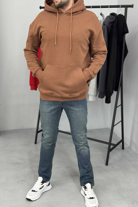 ONE COLOR SIMPLE FLUFFY MEN HOODIE BROWN/KAFE - 1