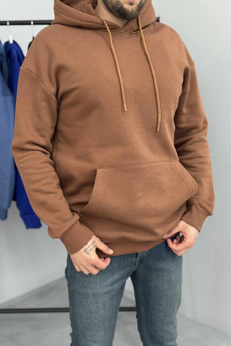 ONE COLOR SIMPLE FLUFFY MEN HOODIE BROWN/KAFE - 2