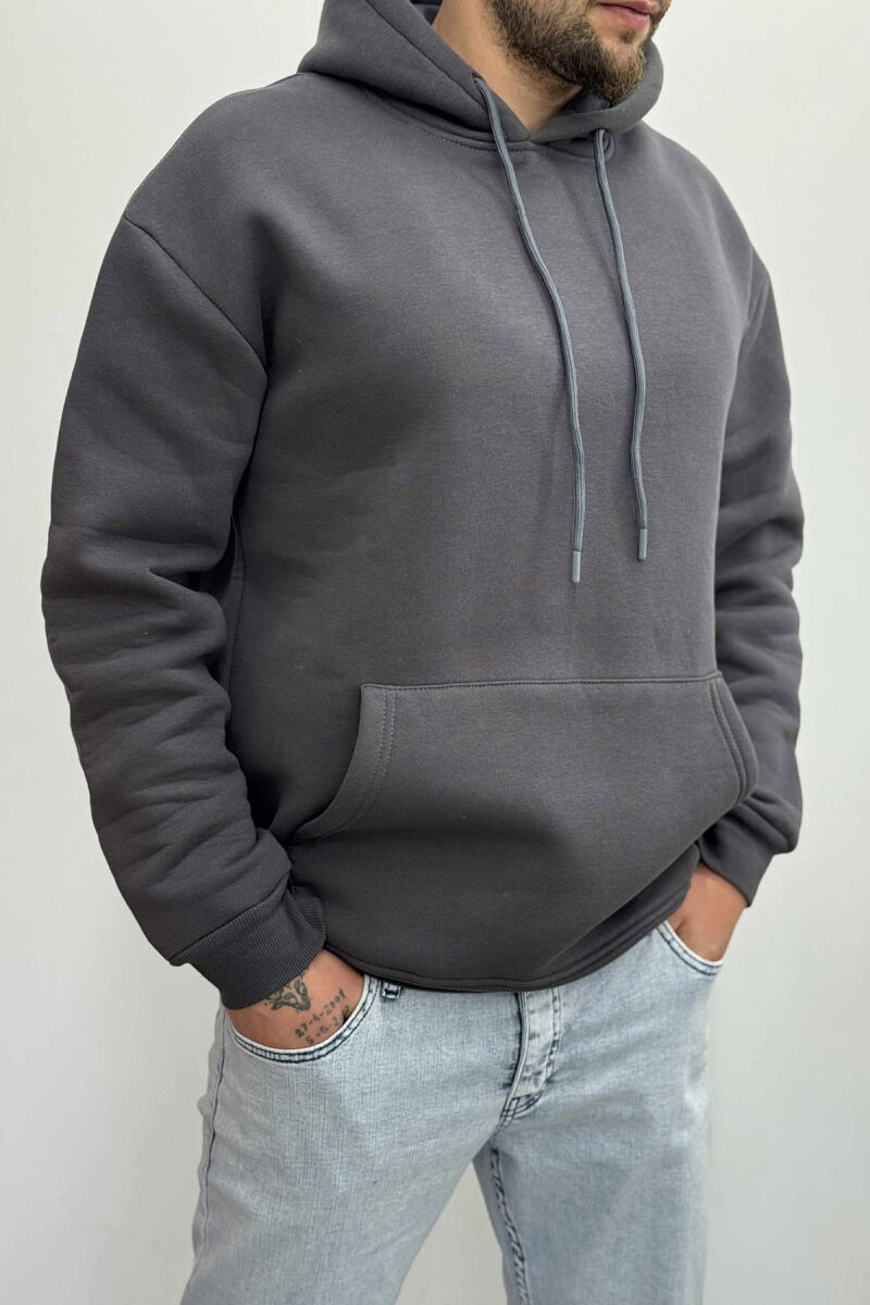 ONE COLOR SIMPLE FLUFFY MEN HOODIE DARK GREY/GEE - 3