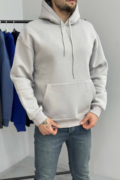 ONE COLOR SIMPLE FLUFFY MEN HOODIE GREY/GRI - 3