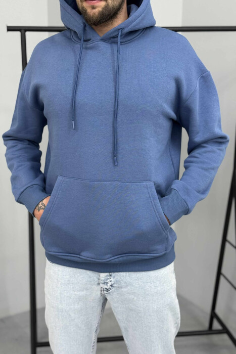 ONE COLOR SIMPLE FLUFFY MEN HOODIE LIGHTBLUE/BZ - 2