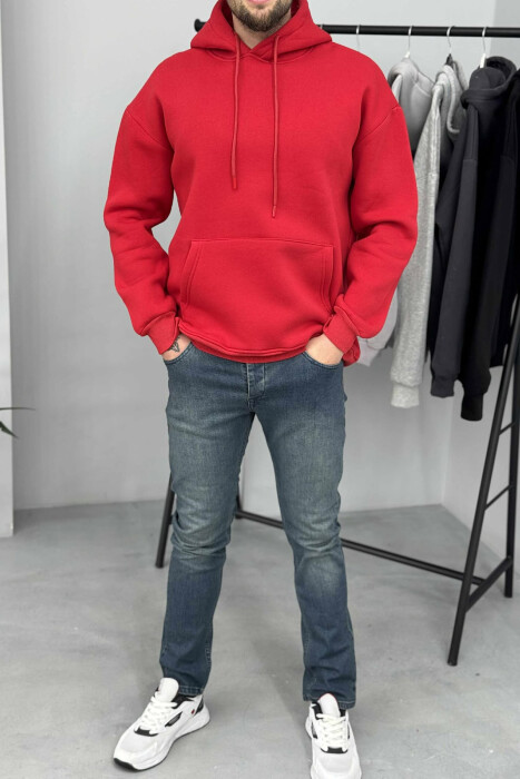 HOODIE E THJESHTË NJËNGJYRËSHE ME PUSH PËR MESHKUJ NË NGJYRËN E KUQE 