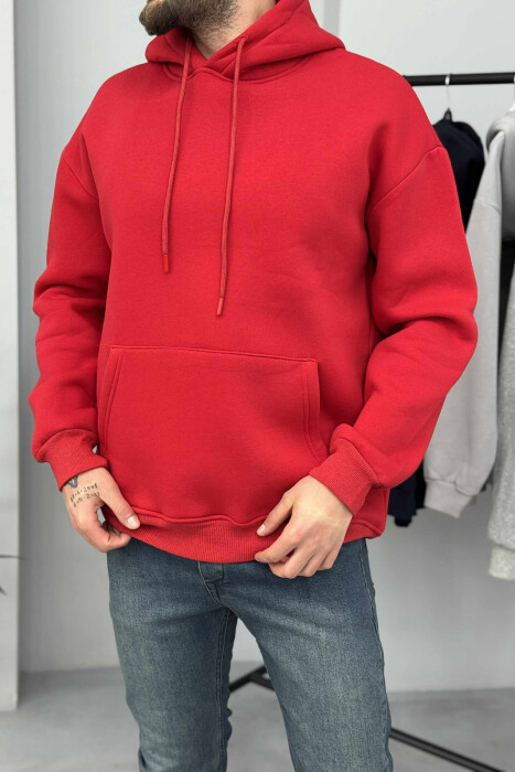 ONE COLOR SIMPLE FLUFFY MEN HOODIE RED/E KUQE - 2