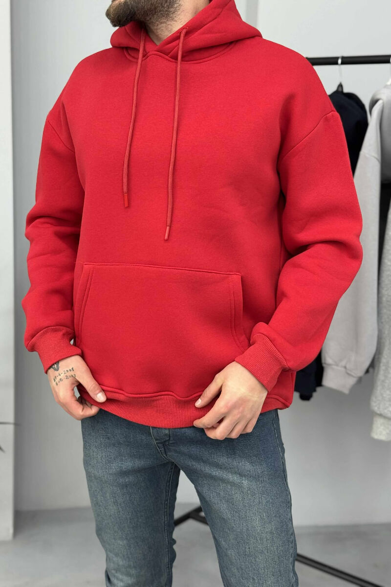 ONE COLOR SIMPLE FLUFFY MEN HOODIE RED/E KUQE - 2