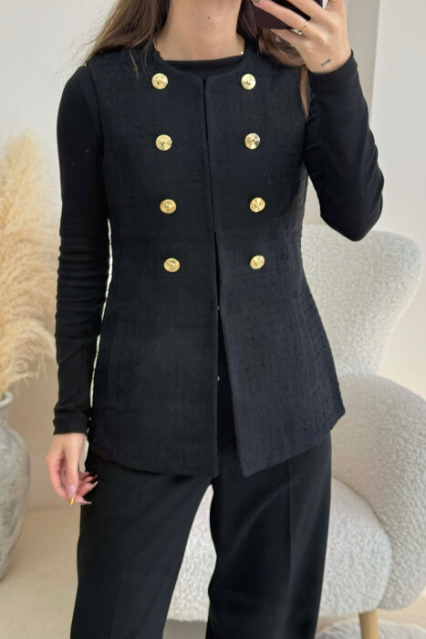ONE COLOR SIMPLE GOLD BUTTONS DETAIL WOMEN VEST BLACK/ E ZEZE - 11