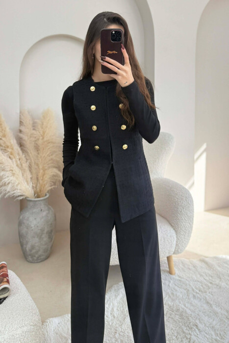 ONE COLOR SIMPLE GOLD BUTTONS DETAIL WOMEN VEST BLACK/ E ZEZE - 13