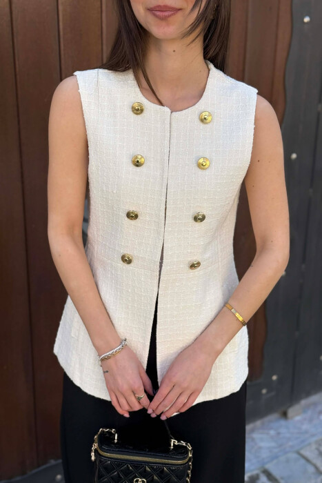 ONE COLOR SIMPLE GOLD BUTTONS DETAIL WOMEN VEST CREAM/KREM - 3