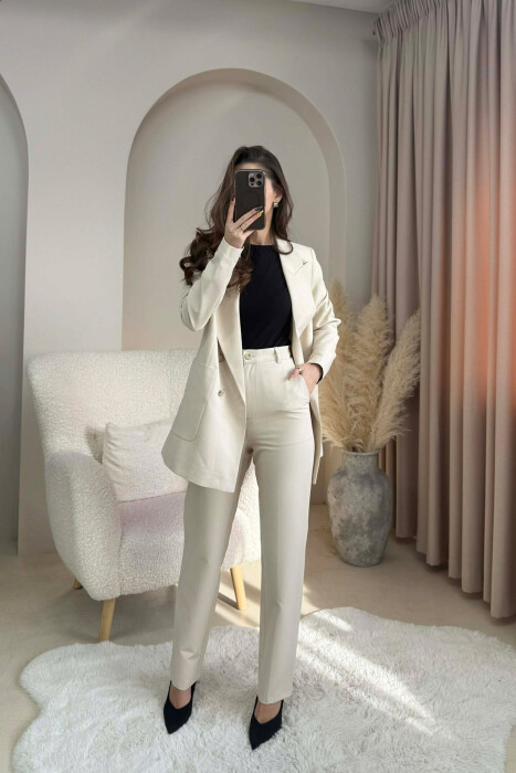 ONE COLOR SIMPLE JACKET+ TROUSERS WOMEN SET BEIGE/BEZHE - 4