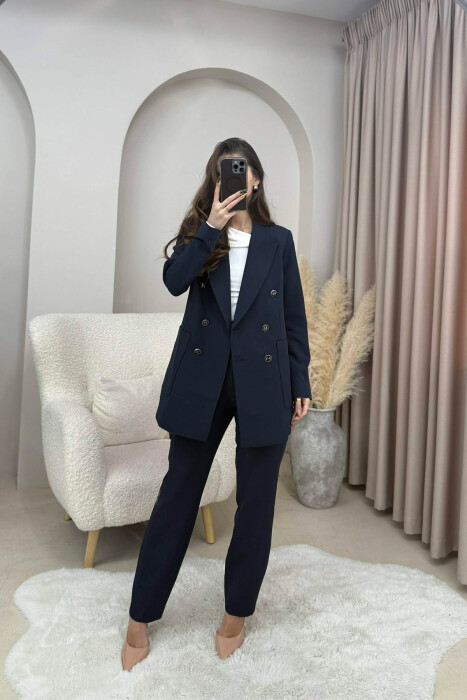 ONE COLOR SIMPLE JACKET+ TROUSERS WOMEN SET DARK BLUE/BEE - 1