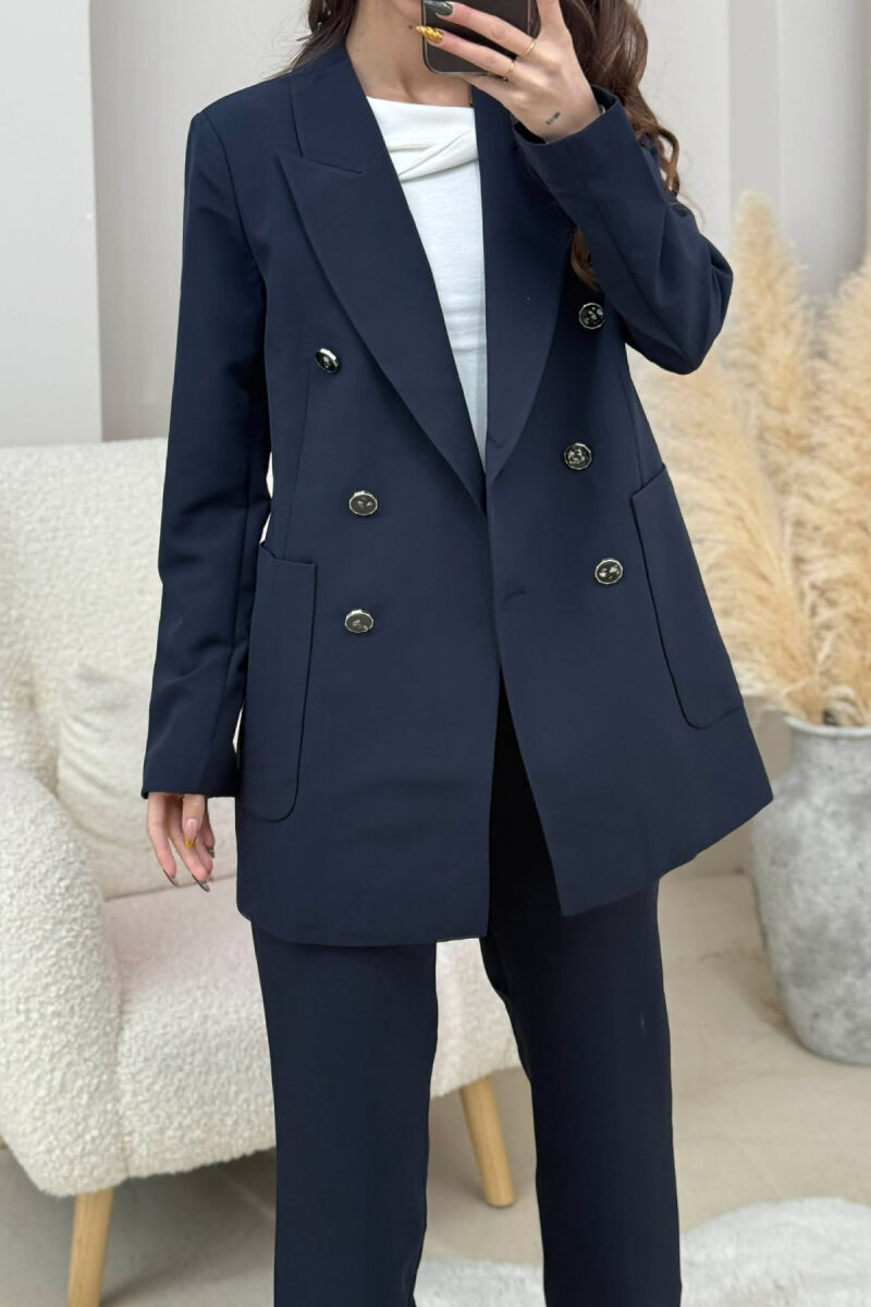 ONE COLOR SIMPLE JACKET+ TROUSERS WOMEN SET DARK BLUE/BEE - 2