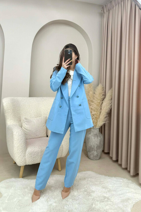 ONE COLOR SIMPLE JACKET+ TROUSERS WOMEN SET LIGHTBLUE/BZ - 1
