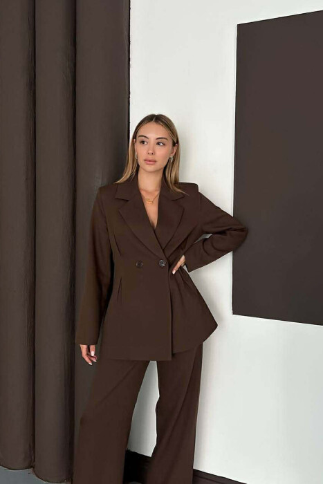 ONE COLOR SIMPLE JACKET+ WIDE LEG TROUSERS WOMAN SET DARK BROWN/KAE - 5