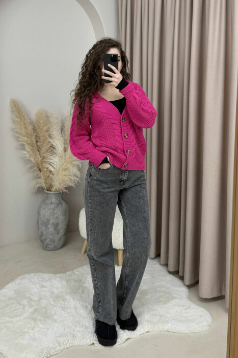 ONE COLOR SIMPLE KNITTED WOMEN CARDIGAN FUCHSIA/CIKLAMI - 1